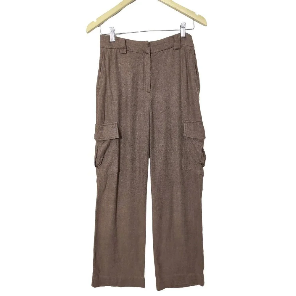 House Of Harlow Pants Womens 4 Brown Tailored Cargo Linen Blend Career Casual - Picture 1 of 10